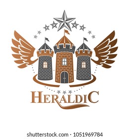 Ancient Citadel emblem. Heraldic vector design element. Retro style label, heraldry logo. Ornate logotype on isolated white background.