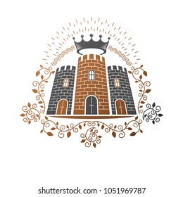 Ancient Citadel emblem. Heraldic vector design element. Retro style label, heraldry logo. Antique logotype on isolated white background.