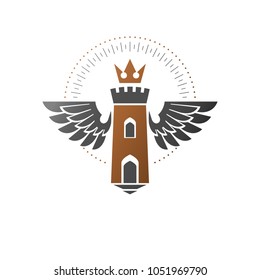 Ancient Citadel emblem. Heraldic vector design element. Retro style label, heraldry logo. Antique logotype on isolated white background.