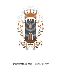 Ancient Citadel emblem. Heraldic vector design element. Retro style label, heraldry logo. Antique logotype on isolated white background.