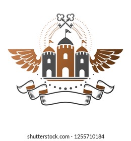 Ancient Citadel emblem. Heraldic vector design element. Retro style label, heraldry logo. Ornate logotype on isolated white background.