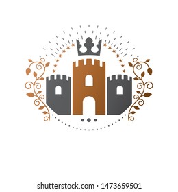 Ancient Citadel emblem. Heraldic vector design element. Retro style label, heraldry logo. Antique logotype on isolated white background.