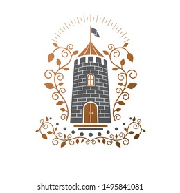 Ancient Citadel emblem. Heraldic vector design element. Retro style label, heraldry logo. Antique logotype on isolated white background.