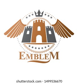 Ancient Citadel emblem. Heraldic vector design element. Retro style label, heraldry logo. Ornate logotype on isolated white background.