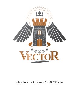 Ancient Citadel emblem. Heraldic vector design element. Retro style label, heraldry logo. Antique logotype on isolated white background.