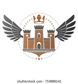 Ancient Citadel emblem. Heraldic vector design element. Retro style label, heraldry logo. Ornate logotype on isolated white background.