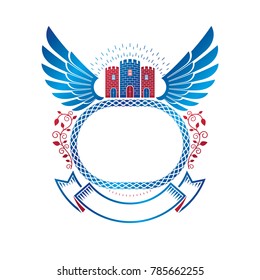 Ancient Citadel emblem. Heraldic vector design element with blue wings. Retro style label, heraldry logo composed with historic stronghold and decorative ribbon.