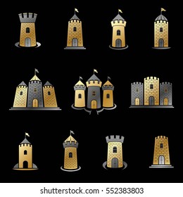 Ancient Citadels emblems set. Heraldic vector design elements collection. Retro style label, heraldry logo.