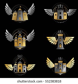 Ancient Citadels emblems set. Heraldic vector design elements collection. Retro style label, heraldry logo.