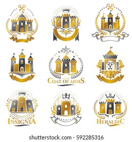 Ancient Citadels emblems set. Heraldic vector design elements collection. Retro style label, heraldry logo.