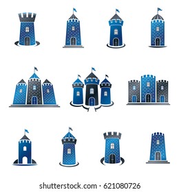Ancient Citadels emblems set. Heraldic vector design elements collection. Retro style label, heraldry logo.