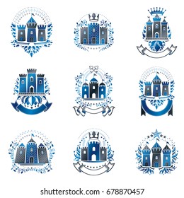 Ancient Citadels emblems set. Heraldic vector design elements collection. Retro style label, heraldry logo.