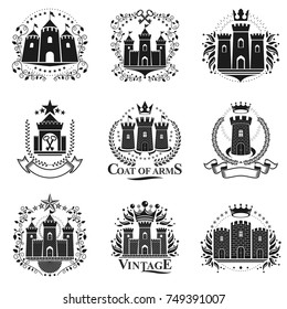 Ancient Citadels emblems set. Heraldic vector design elements collection. Retro style label, heraldry logo.