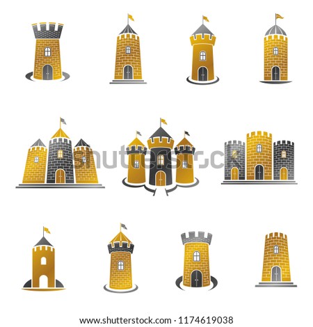 Ancient Citadels emblems set. Heraldic vector design elements collection. Retro style label, heraldry logo.
