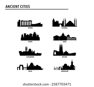 Ancient cities - logo, icon pack with skylines of Athens, Rome, Istanbul, Kyoto, Beijing, Alexandria, Delhi, Jerusalem. Vector bundle