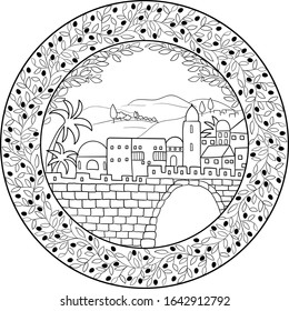 Ancient city outline black on transparent background drawing, withing cute little olive branches with berries 
round frame. 
Use for travel blogs,post cards,religious events, history illustration