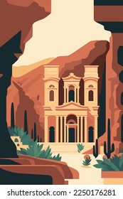 ancient city of Petra, Jordan. Al Khazneh tourist attraction poster vector flat color illustration background