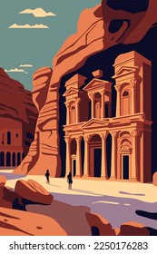 ancient city of Petra, Jordan. Al Khazneh tourist attraction poster vector flat color illustration background