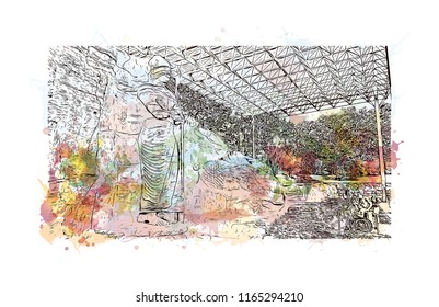 Ancient City of Polonnaruwa, Sri Lanka. Watercolor splash with Hand drawn sketch illustration in vector.