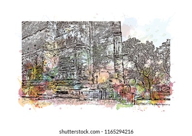 Ancient City of Polonnaruwa, Sri Lanka. Watercolor splash with Hand drawn sketch illustration in vector.
