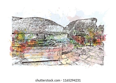Ancient City of Polonnaruwa, Sri Lanka. Watercolor splash with Hand drawn sketch illustration in vector.