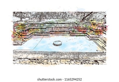 Ancient City of Polonnaruwa, Sri Lanka. Watercolor splash with Hand drawn sketch illustration in vector.