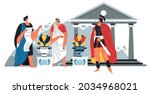 Ancient city in rome or greece, citizen with announcement and soldier with armor. People communicating or discussing. Military force and judges making declaration. Vector in flat style illustration