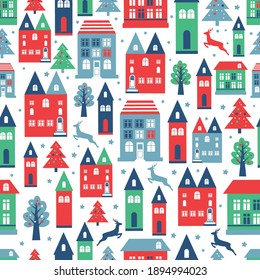 Ancient city seamless color pattern with old buildings for wallpaper or background design on white.