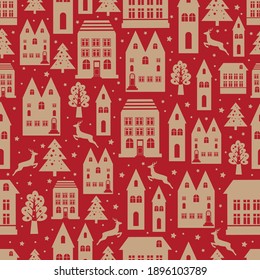 Ancient city seamless color pattern with old buildings for wallpaper or background design on red. Christmas and new year winter background.