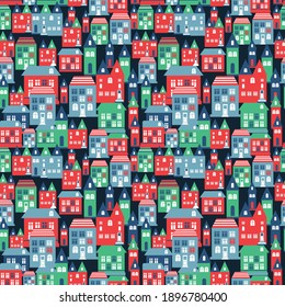 Ancient city seamless color pattern with old buildings for wallpaper or background design on blue.