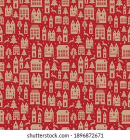 Ancient city seamless color pattern with old buildings for wallpaper or background design on red. Christmas and new year winter background.