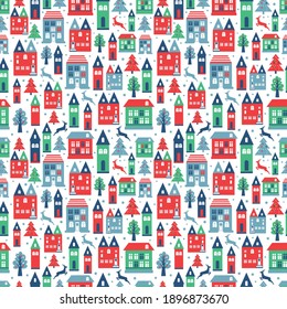 Ancient city seamless color pattern with old buildings for wallpaper or background design on white.