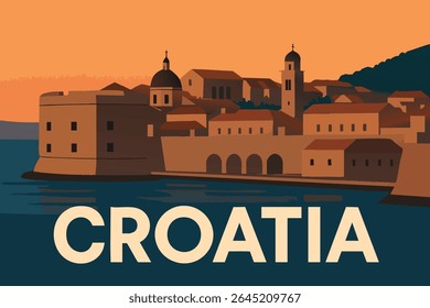 As antigas muralhas da cidade de Dubrovnik oferecem vistas deslumbrantes sobre a Cidade Velha e o Mar Adriático, criando uma cena atmosférica, especialmente deslumbrante ao pôr do sol.