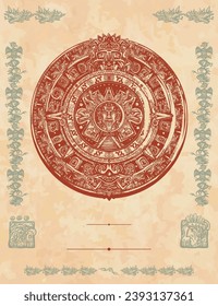 Ancient civilization background. Aztec sun stone. Old paper vector. Cover page template. Incas and mayan culture. Historical frame