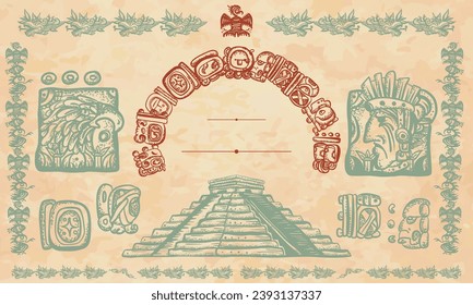 Ancient civilization background. Old paper vector. Cover page template. Mayan pyramids and glyphs. Historical frame, tribal ornaments. Chichen Itzá, Yucatán ruinas. Aztecs, Incas