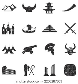 Iconos de la civilización antigua. Diseño de esgrima negra. Ilustración vectorial.