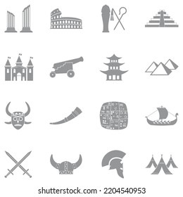 Iconos de la civilización antigua. Diseño plano gris. Ilustración vectorial.
