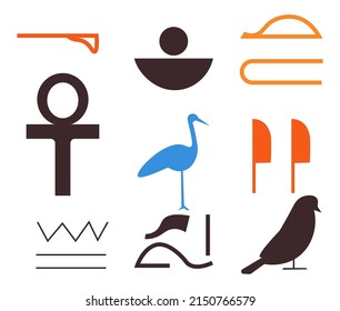 Ancient civilization language and means of communication. Isolated Egyptian hieroglyphs, bird crane and ankh cross, lines and waves. History and education, discoveries and adventures. Vector in flat