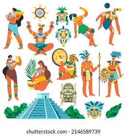 Ancient civilization of maya, isolated people dressed in traditional costumes with ornaments. masks with feathers and leaves, totems and religious idols. Machu picchu citadel. Vector in flat style