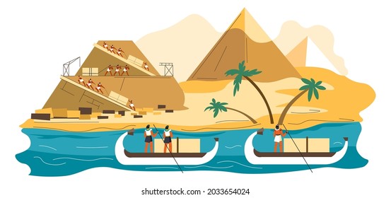 Ancient civilization, people and slaves building pyramids, construction of world wonder. Historic event, monument by nile river. Emperors floating on boats and watching. Vector in flat style