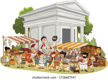 Ancient Civilization With People Working. Greek Roman Retro Vintage People In The Street Market.