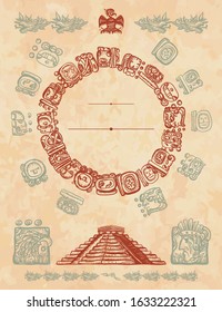 Ancient civilization vertical background. Mayan pyramids and glyphs. Historical frame, tribal ornaments. Chichen Itzá, Yucatán ruinas. Aztecs, Incas 