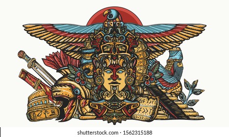 Ancient civilizations. History of the old world. Totem Maya, Egypt gods, pyramids of sumers, helmet and sword Roman gladiator. Global historical concept. Tattoo art 