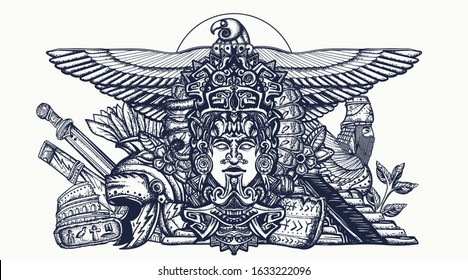 Ancient civilizations. History of the old world. Global historical concept. Tattoo art. Totem Maya, Egypt gods, pyramids of sumers, helmet and sword Roman gladiator 