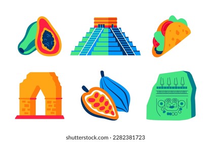Elementos de civilizaciones antiguas - conjunto de objetos de diseño plano. Imágenes coloridas de alta calidad de fruta de la papaya, pirámide de mayas, taco sabroso, arco de piedra, jackfruit y losa losa de patrón variable