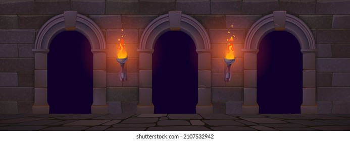 Ancient classic architecture with arches, wall from stone bricks and burning torches. Vector cartoon illustration of old castle, palace or temple facade with granite blocks and arcade at night