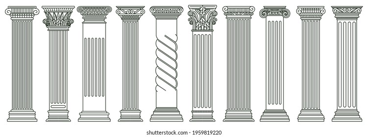 Ancient classic pillars. Greek and roman architecture pillars, historic architectural columns isolated vector illustration set. Antique classic columns. Greek pillar, historic line podium