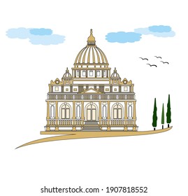 ANCIENT CLASSIC STYLE BUILDING DRAWING WITH ROMAN AND GOTHIC COLUMNS