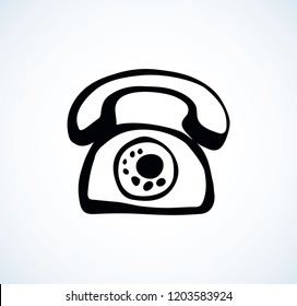 Ancient classic switchboard tel on white background. Dark ink hand drawn helpline picture logo insignia in cute naive style. Closeup view with space for text