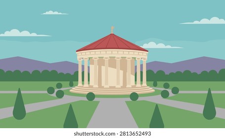 Ancient classical round temple building with columns standing in a beautiful green park under a blue cloudy sky.